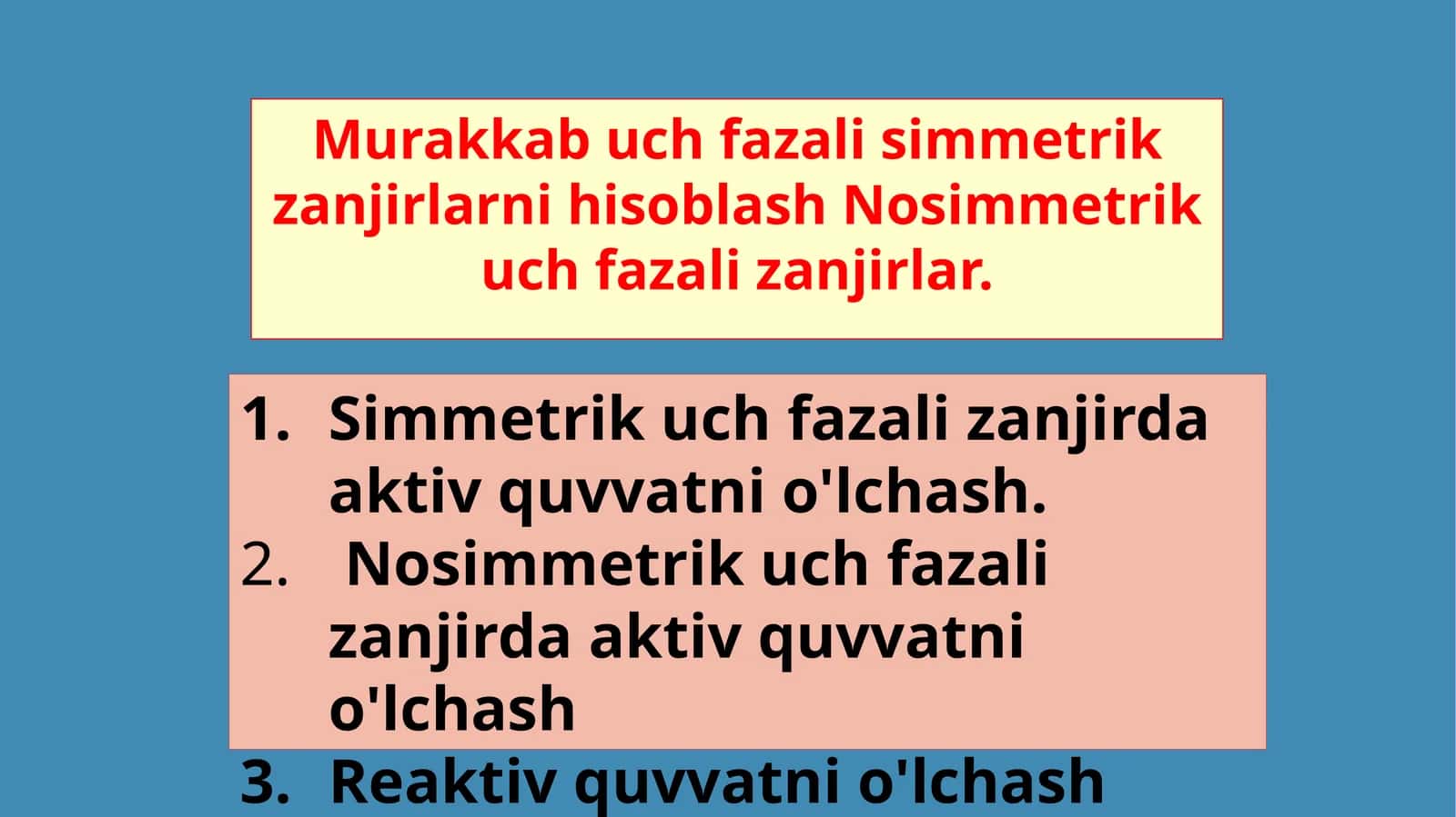 Simmetrik uch fazali zanjir aktiv quvvatni o'lchash 1