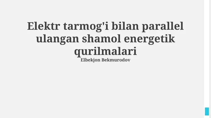 Elektr tarmog'i bilan parallel ulangan shamol energetik qurilmalari 1