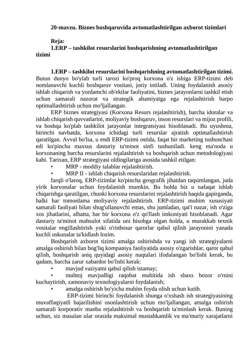ERP – Tashkilot resurslarini boshqarishning avtomatlashtirilgan tizimi 1