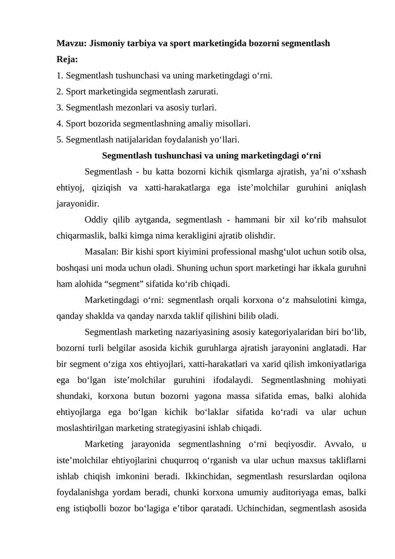 Jismoniy tarbiya va sport marketingida bozorni segmentlash 1