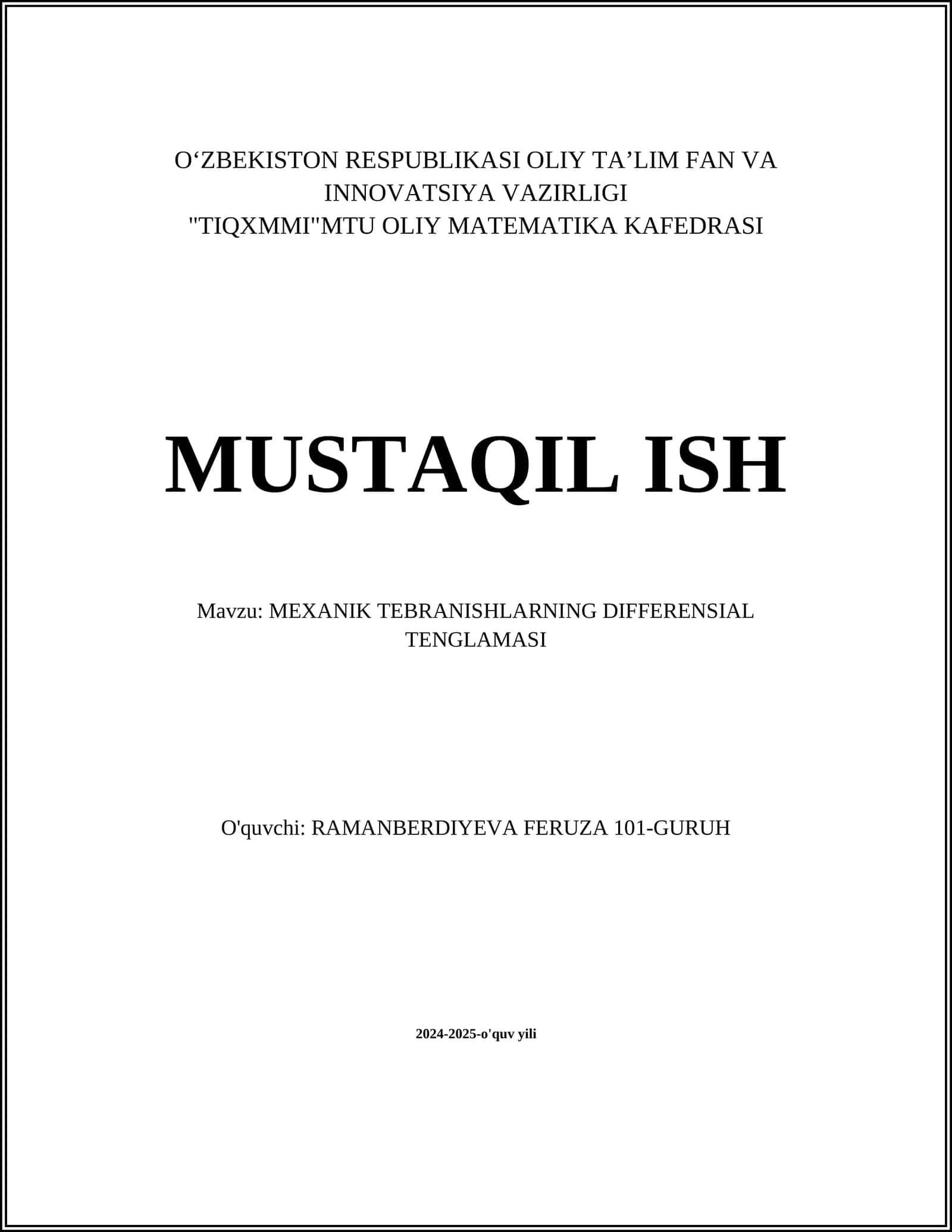 MEXANIK TEBRANISHLARNING DIFFERENSIAL TENGLAMASI 1