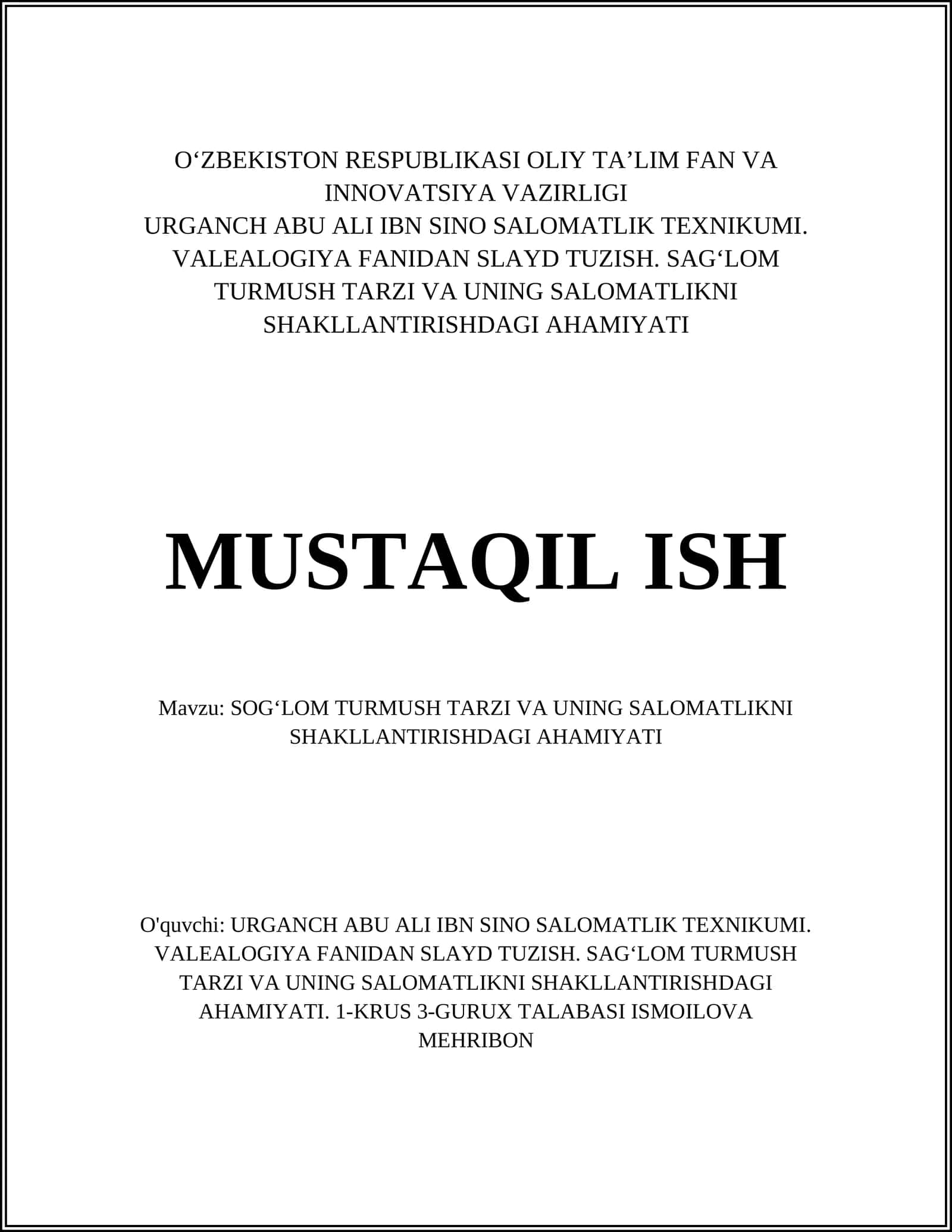 VALEALOGIYA FANIDAN SLAYD TUZISH. SAGʻLOM TURMUSH TARZI VA UNING SALOMATLIKNI SHAKLLANTIRISHDAGI AHAMIYATI 1