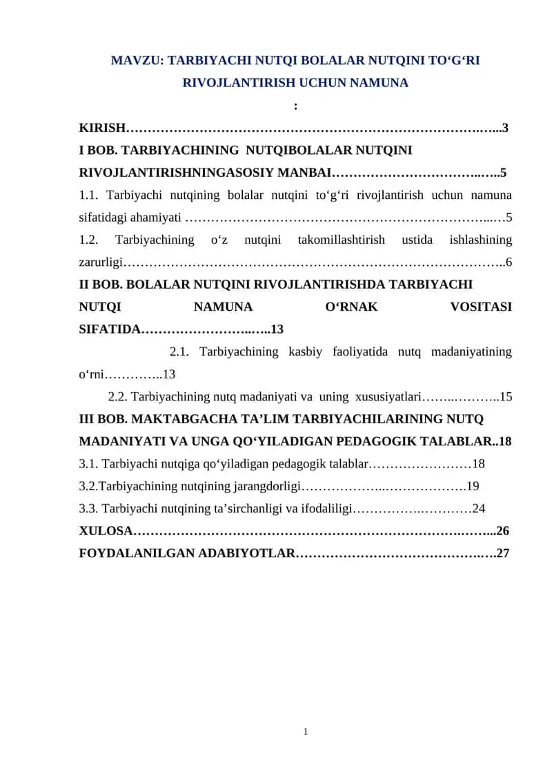 TARBIYACHI NUTQI BOLALAR NUTQINI TO‘G‘RI RIVOJLANTIRISH UCHUN NAMUNA 1