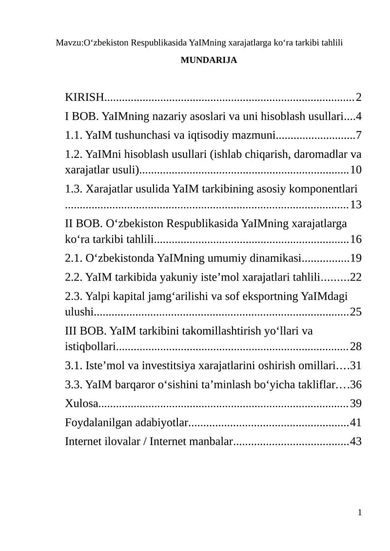 O‘zbekiston Respublikasida YaIMning xarajatlarga ko‘ra tarkibi tahlili 1