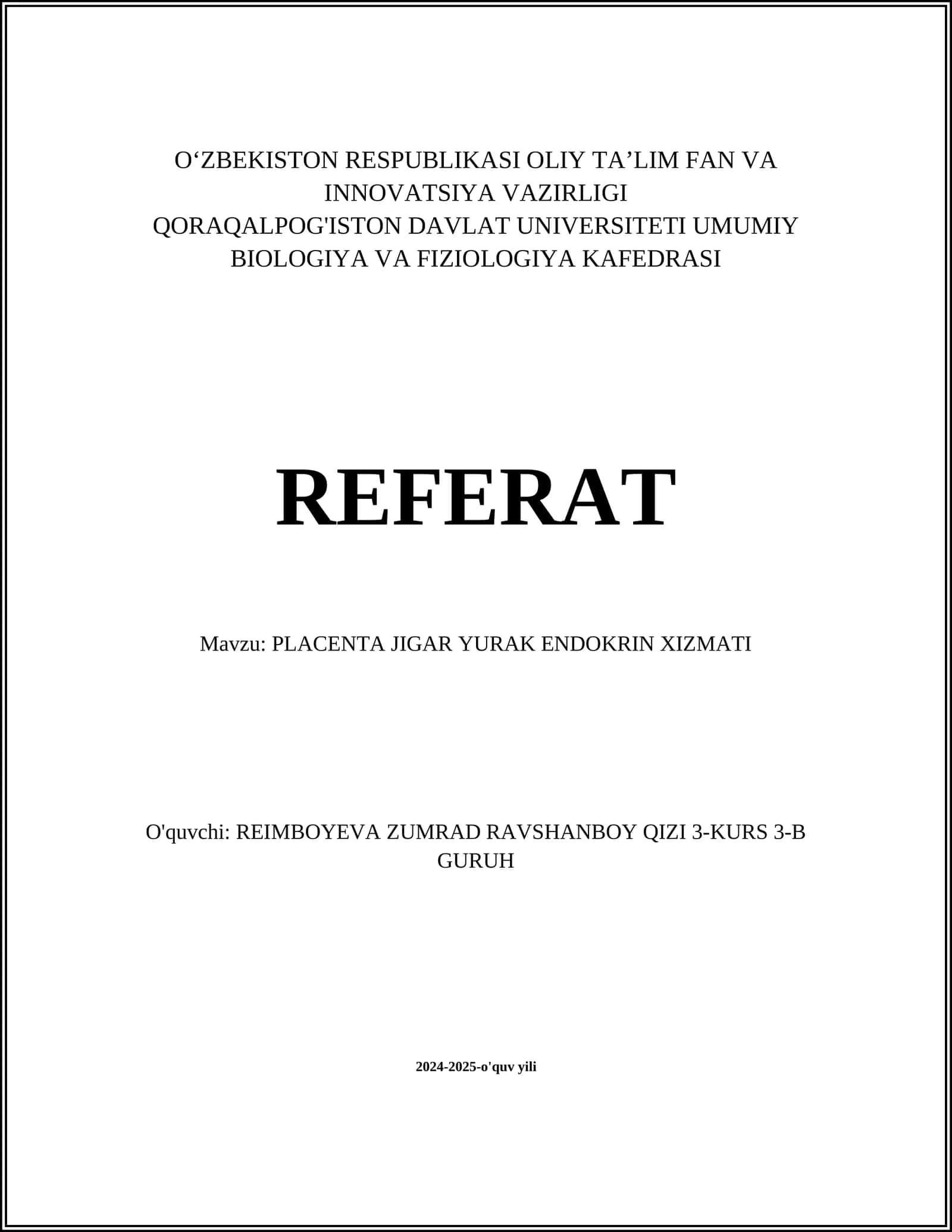 PLACENTA JIGAR YURAK ENDOKRIN XIZMATI 1