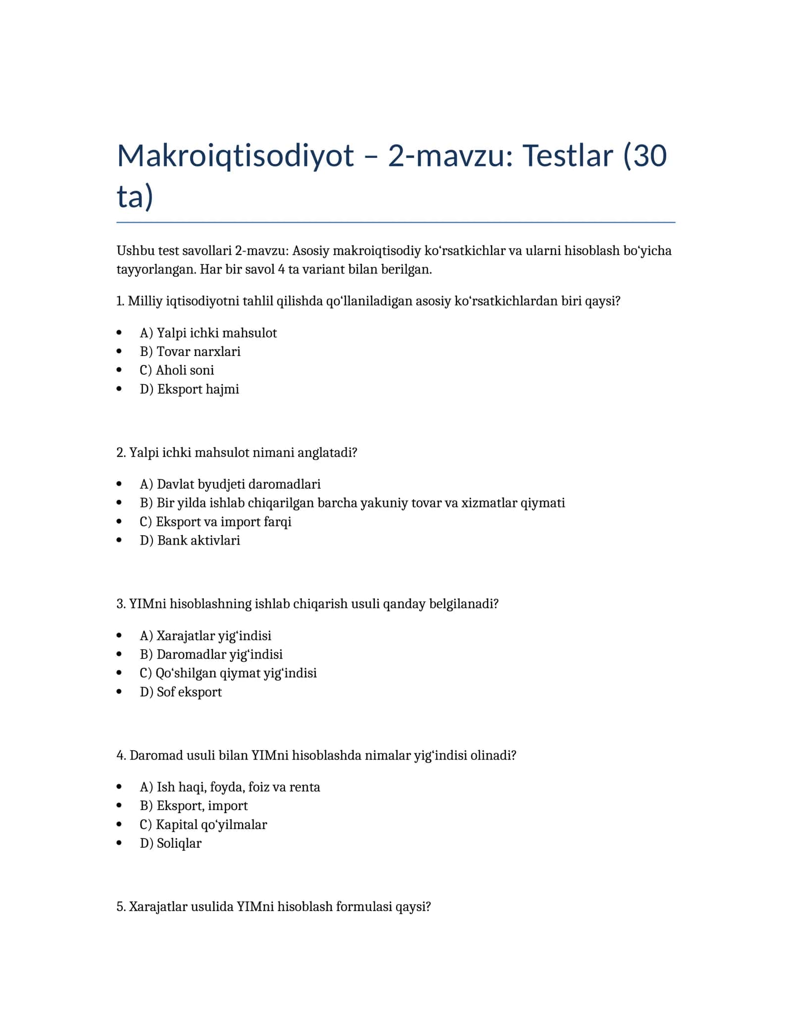 Makroiqtisodiyot – 2-mavzu: Testlar (30 ta) 1