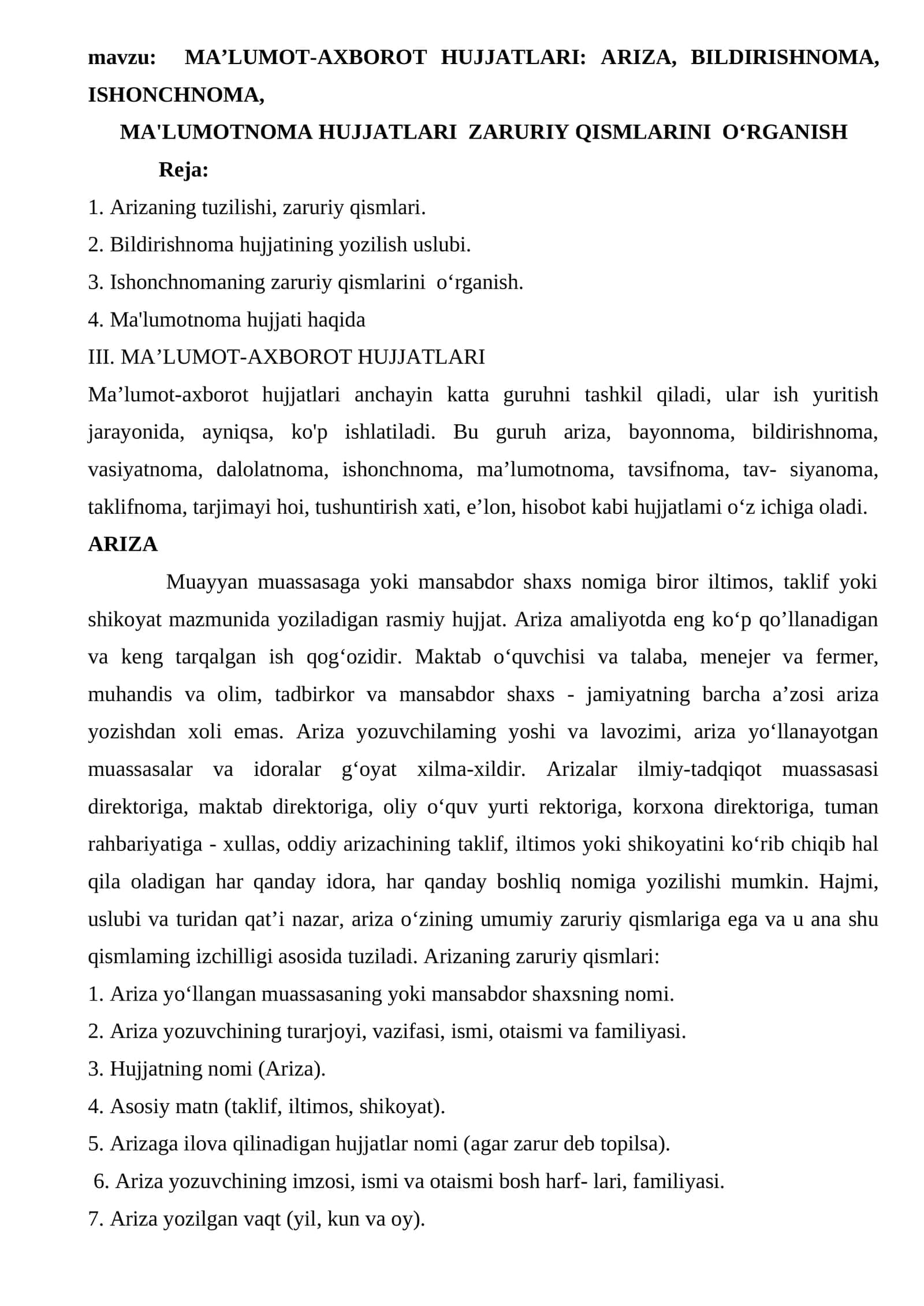 MA’LUMOT AXBOROT HUJJATLARI: ARIZA, BILDIRISHNOMA, ISHONCHNOMA,MA'LUMOTNOMA HUJJATLARI  ZARURIY QISMLARINI  O‘RGANISH 1