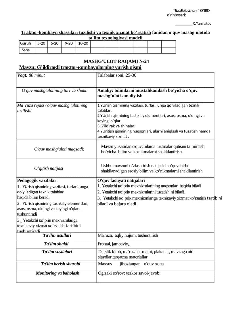 Traktor-kombayn shassilari tuzilishi va texnik xizmat ko’rsatish fаnidan o'quv mashg'ulotida ta'lim texnologiyasi modeli 1