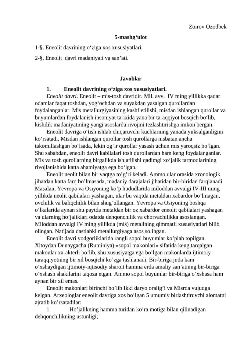 Eneolit davrining o'ziga xos xususiyatlari 1