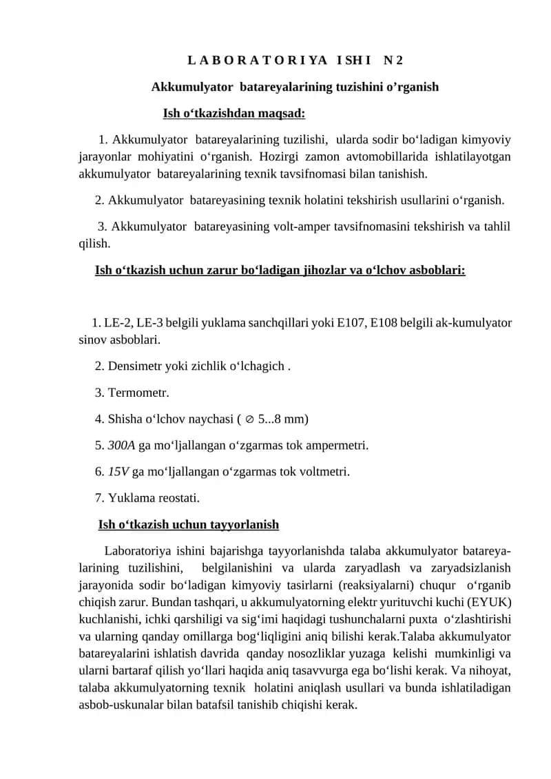 Akkumulyator batareyalarining tuzishini o’rganish 1