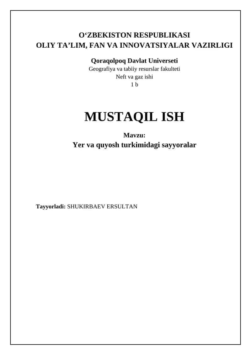 Yer va quyosh turkimidagi sayyoralar 1