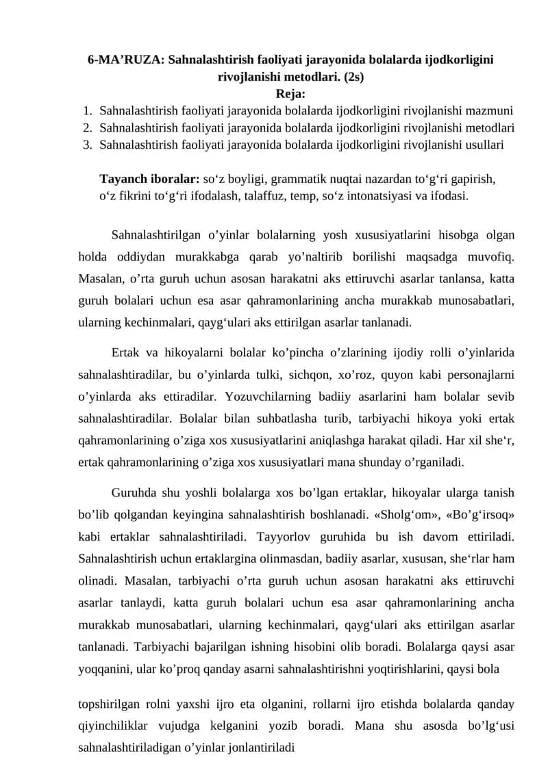 6-MA’RUZA: Sahnalashtirish faoliyati jarayonida bolalarda ijodkorligini rivojlanishi metodlari 1