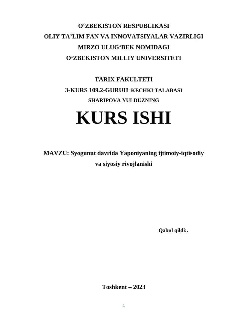 Syogunut davrida Yaponiyaning ijtimoiy-iqtisodiy va siyosiy rivojlanishi 1