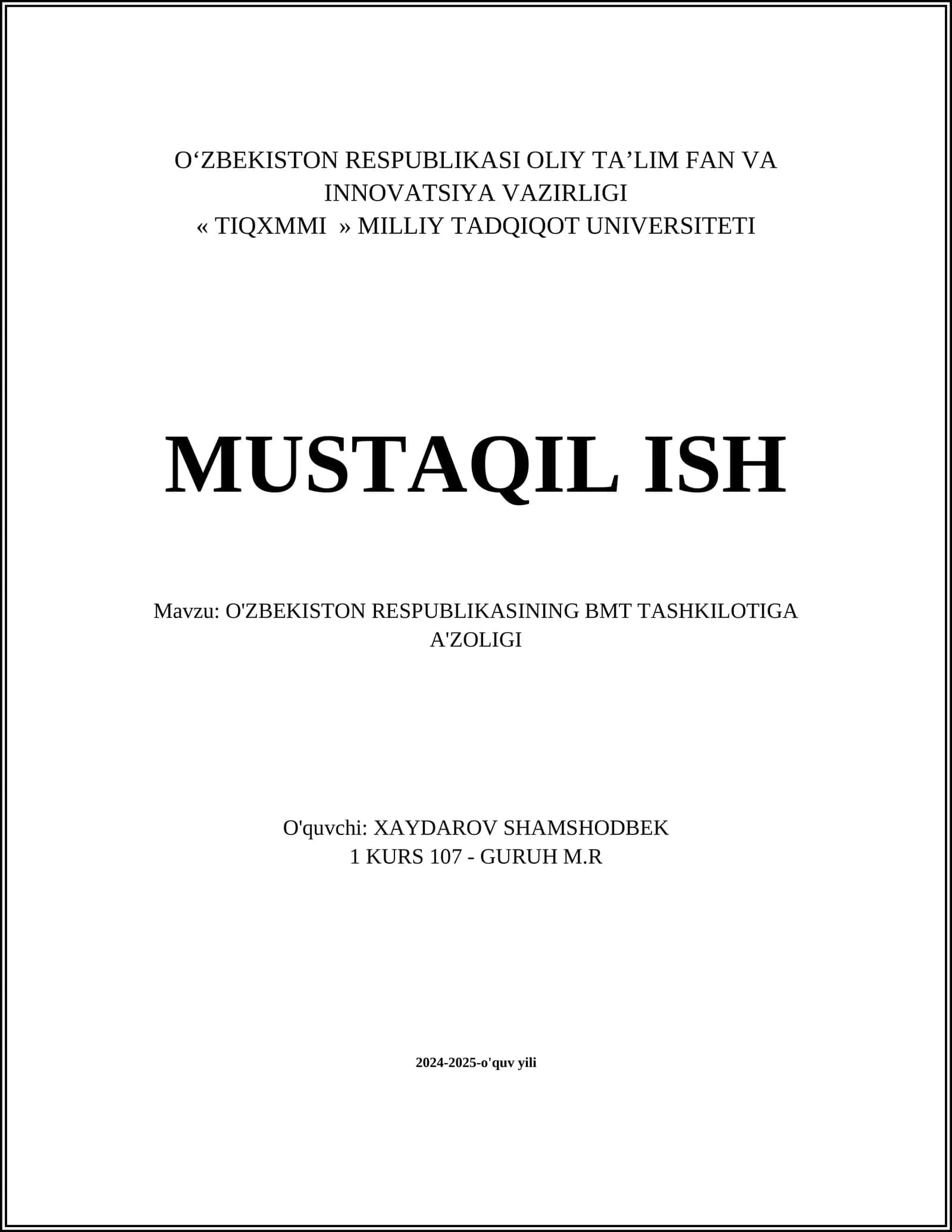 O'ZBEKISTON RESPUBLIKASINING BMT TASHKILOTIGA A'ZOLIGI 1
