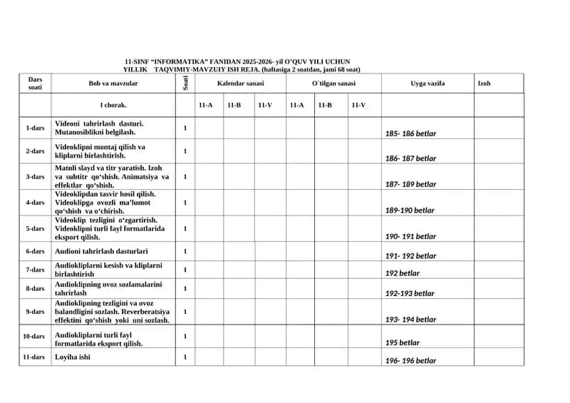 11-SINF “INFORMATIKA” FANIDAN 2025-2026- yil O’QUV YILI UCHUN YILLIK TAQVIMIY-MAVZUIY ISH REJA 1