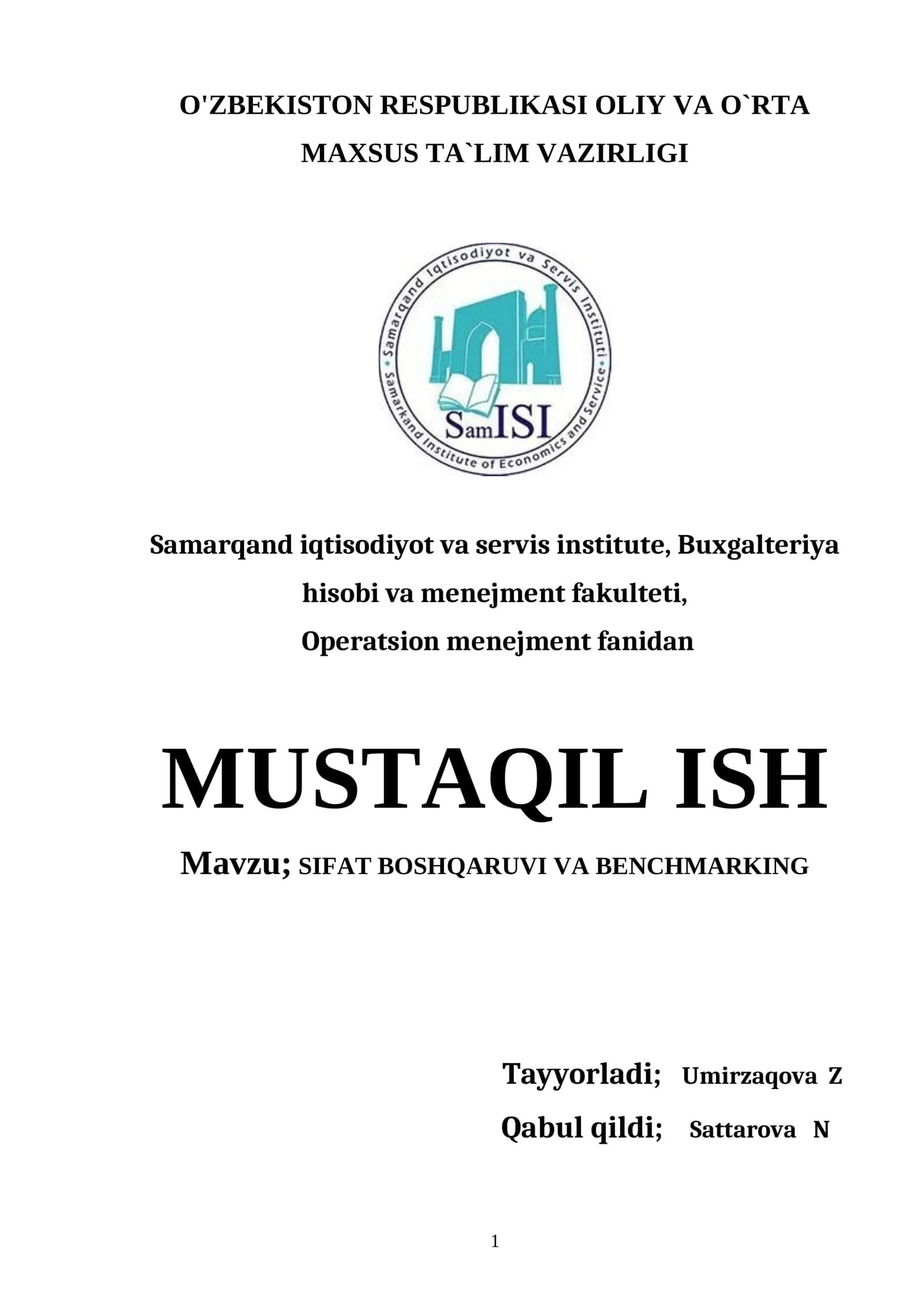 SIFAT BOSHQARUVI VA BENCHMARKING 1