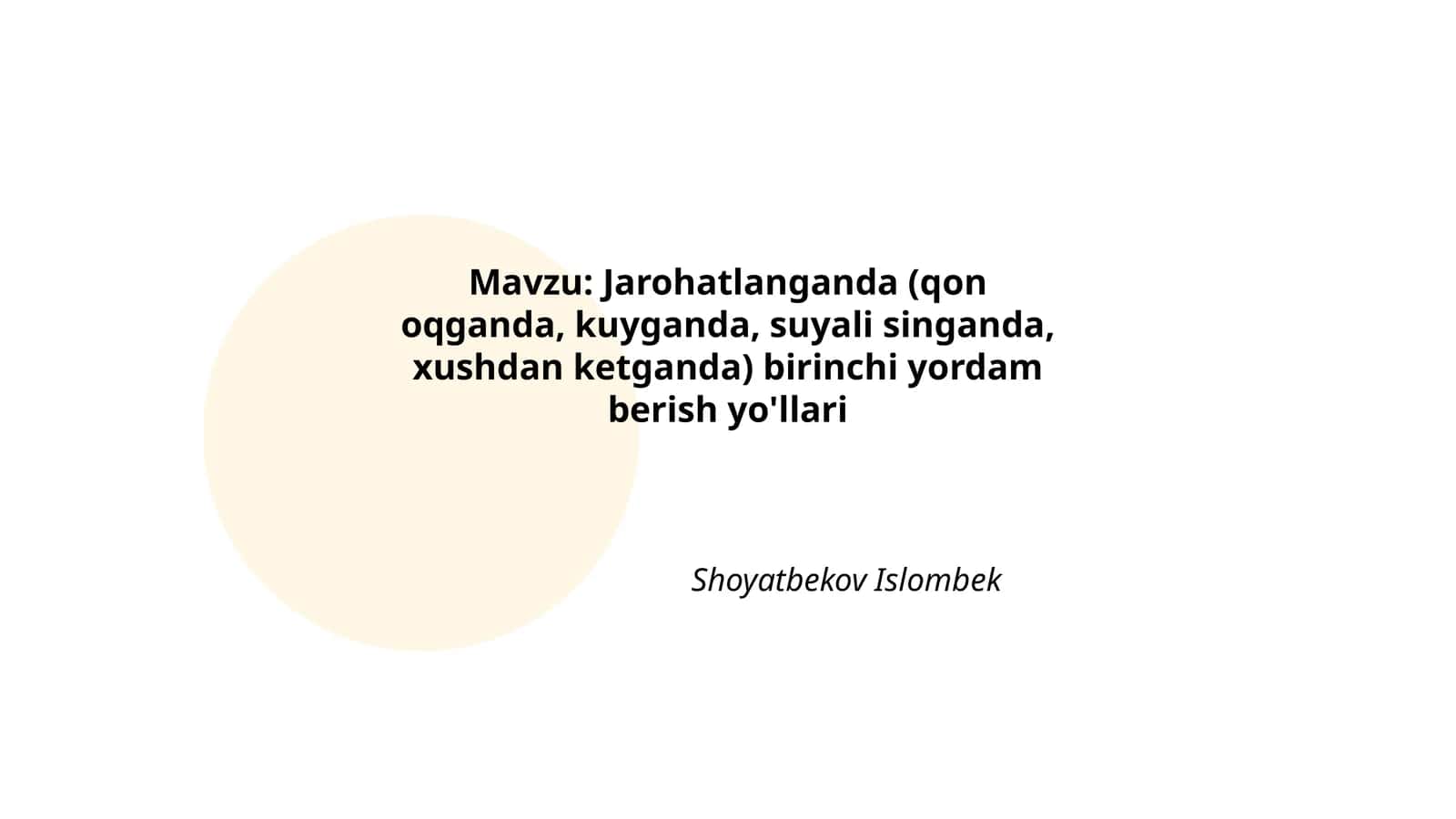 Jarohatlanganda (qon oqganda, kuyganda, suyali singanda, xushdan ketganda) birinchi yordam berish yo'llari 1