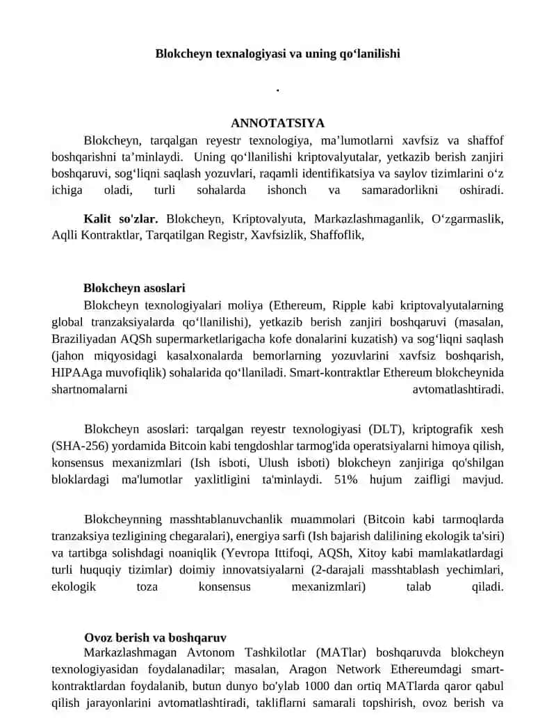 Blokcheyn texnalogiyasi va uning qoʻlanilishi