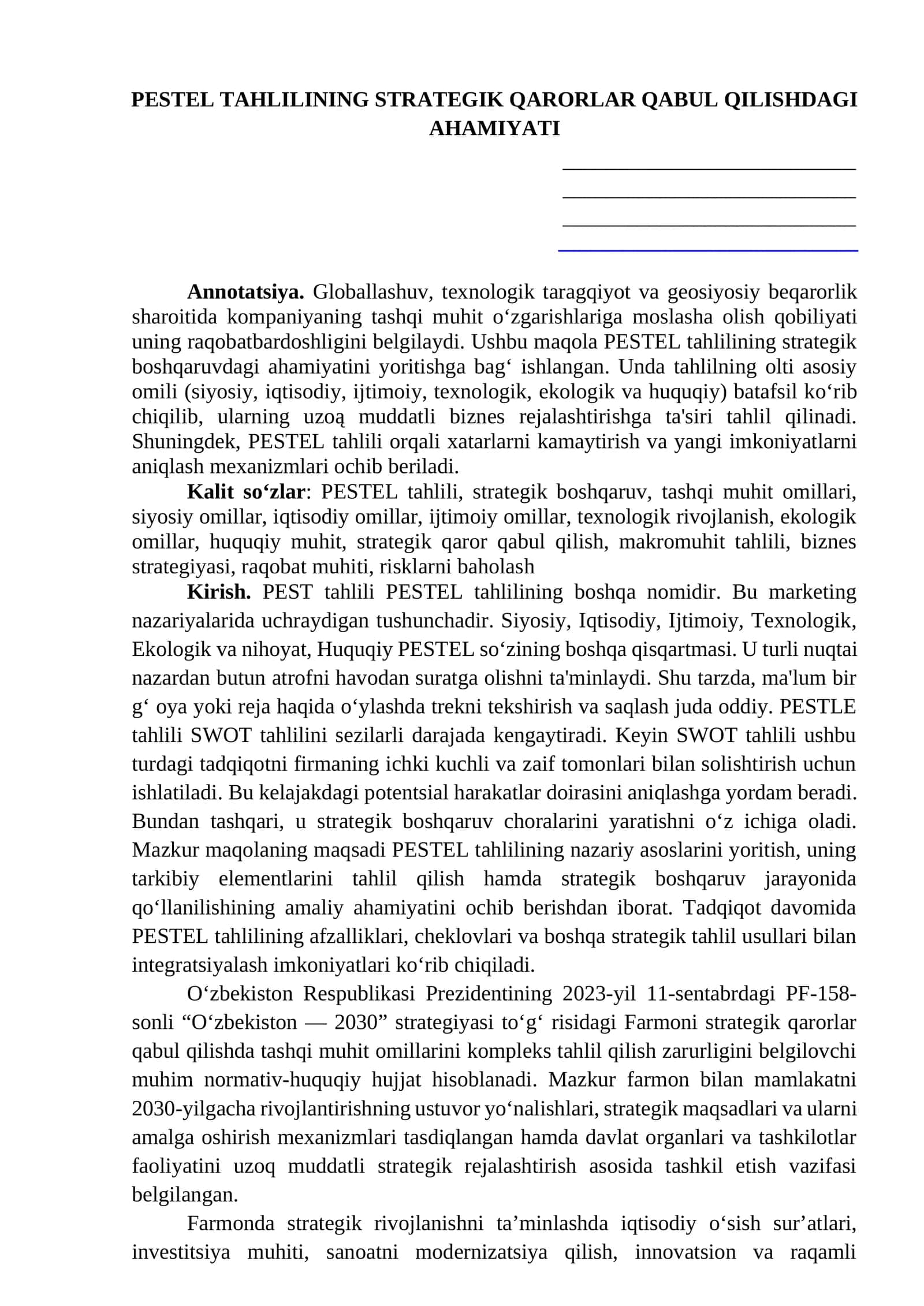 PESTEL TAHLILINING STRATEGIK QARORLAR QABUL QILISHDAGI AHAMIYATI 1