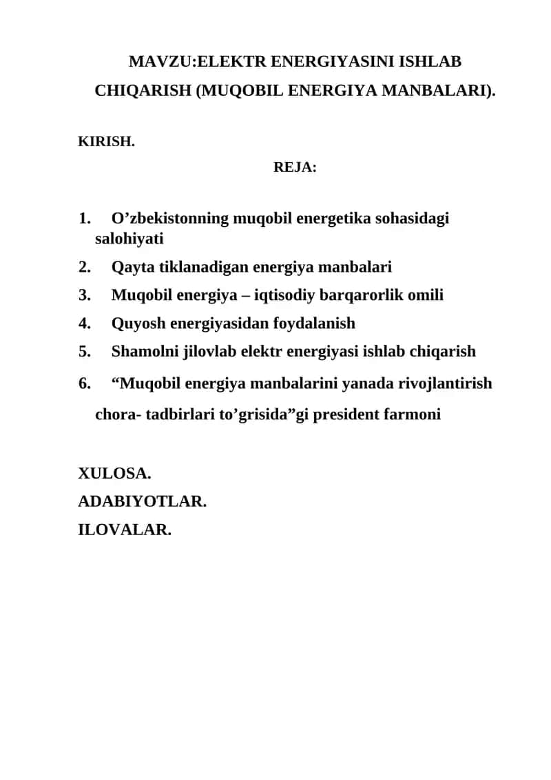 ELEKTR ENERGIYASINI ISHLAB CHIQARISH (MUQOBIL ENERGIYA MANBALARI) 1