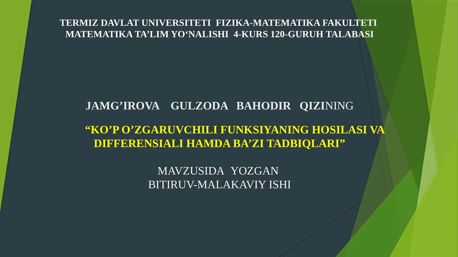 KO’P O’ZGARUVCHILI FUNKSIYANING HOSILASI VA DIFFERENSIALI HAMDA BA’ZI TADBIQLARI 1