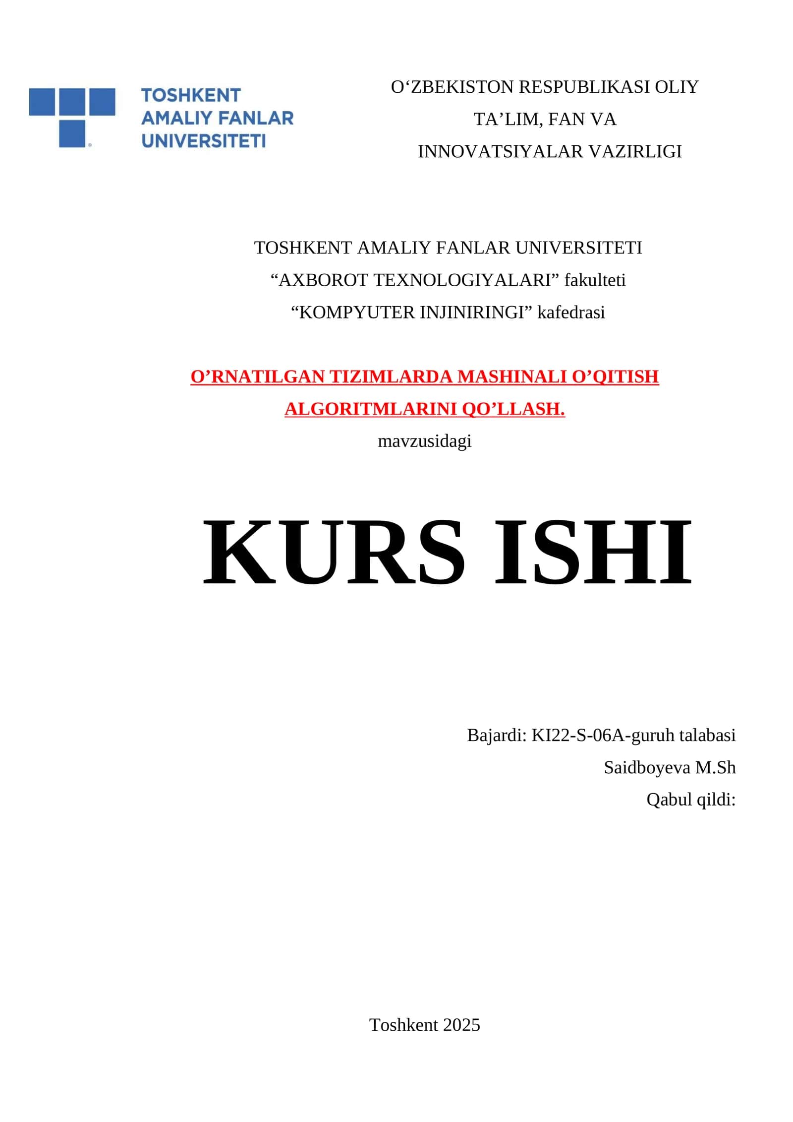 TIZIMLARDA MASHINALI O’QITISH ALGORITMLARINI QO’LLASH 1