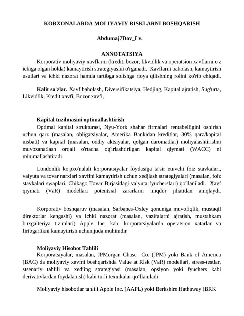 KORXONALARDA MOLIYAVIY RISKLARNI BOSHQARISH 1