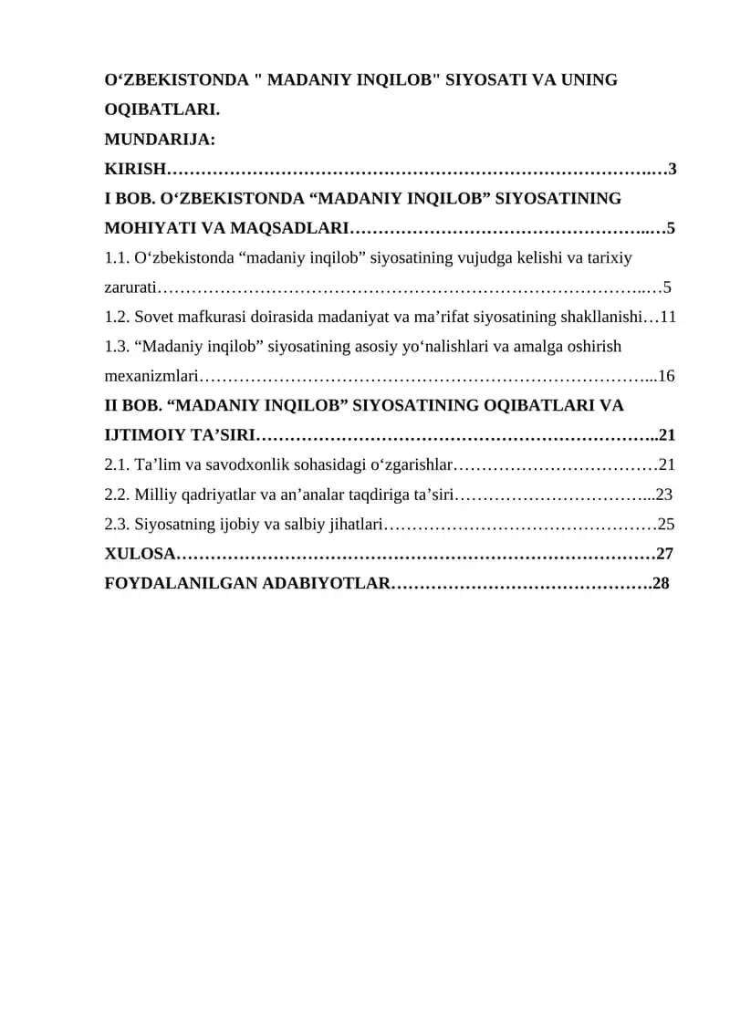 OʻZBEKISTONDA "MADANIY INQILOB" SIYOSATI VA UNING OQIBATLARI 1