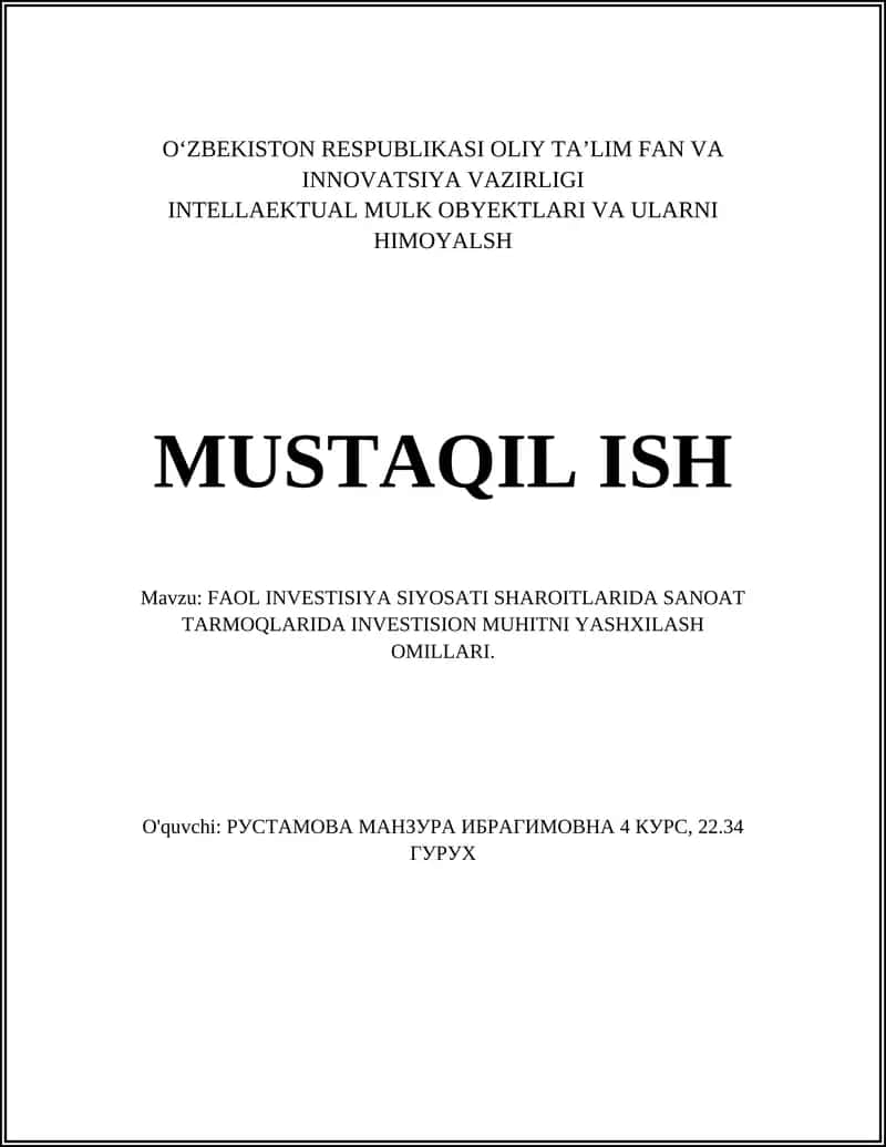 FAOL INVESTISIYA SIYOSATI SHAROITLARIDA SANOAT TARMOQLARIDA INVESTISION MUHITNI YASHXILASH OMILLARI 1