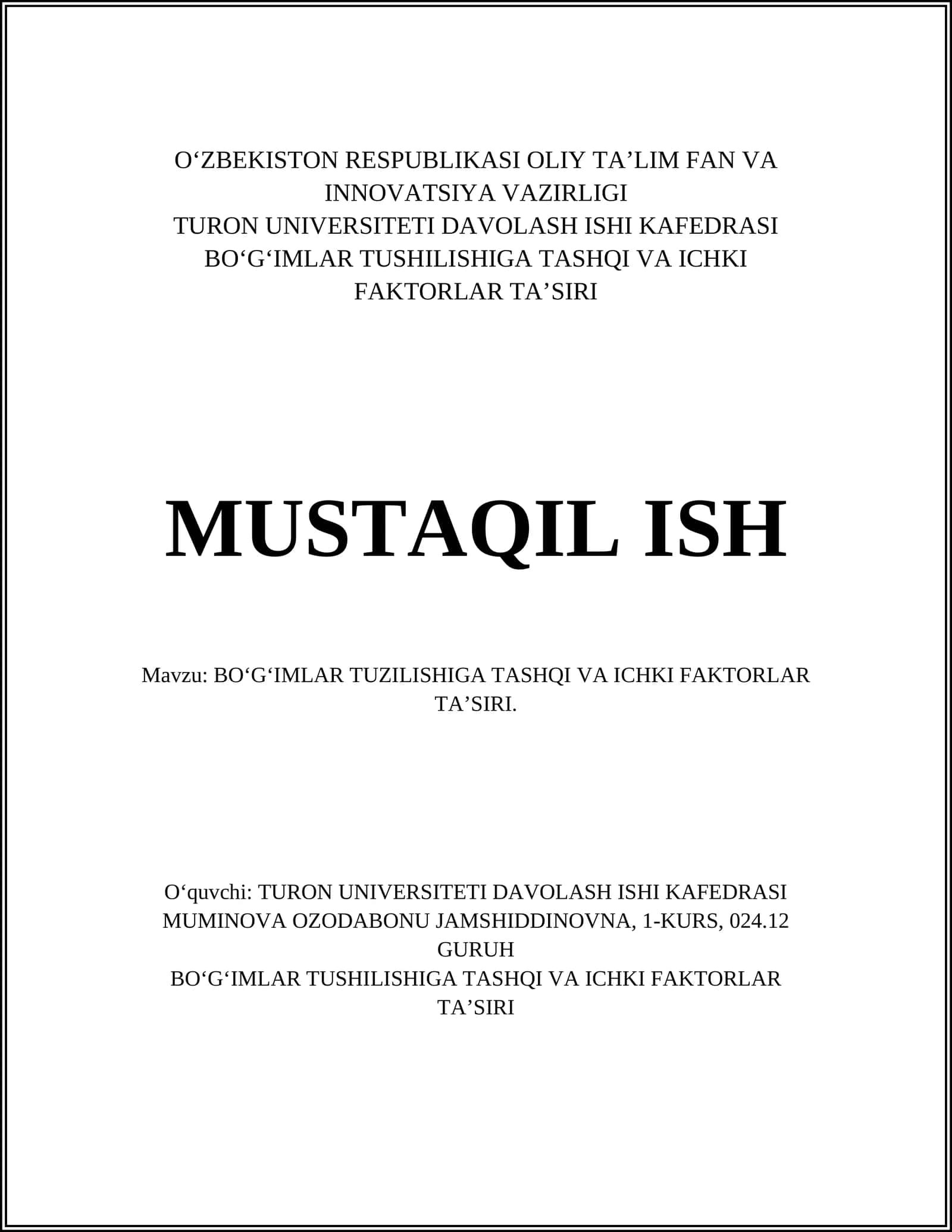 BOʻGʻIMLAR TUSHILISHIGA TASHQI VA ICHKI FAKTORLAR TAʼSIRI 1
