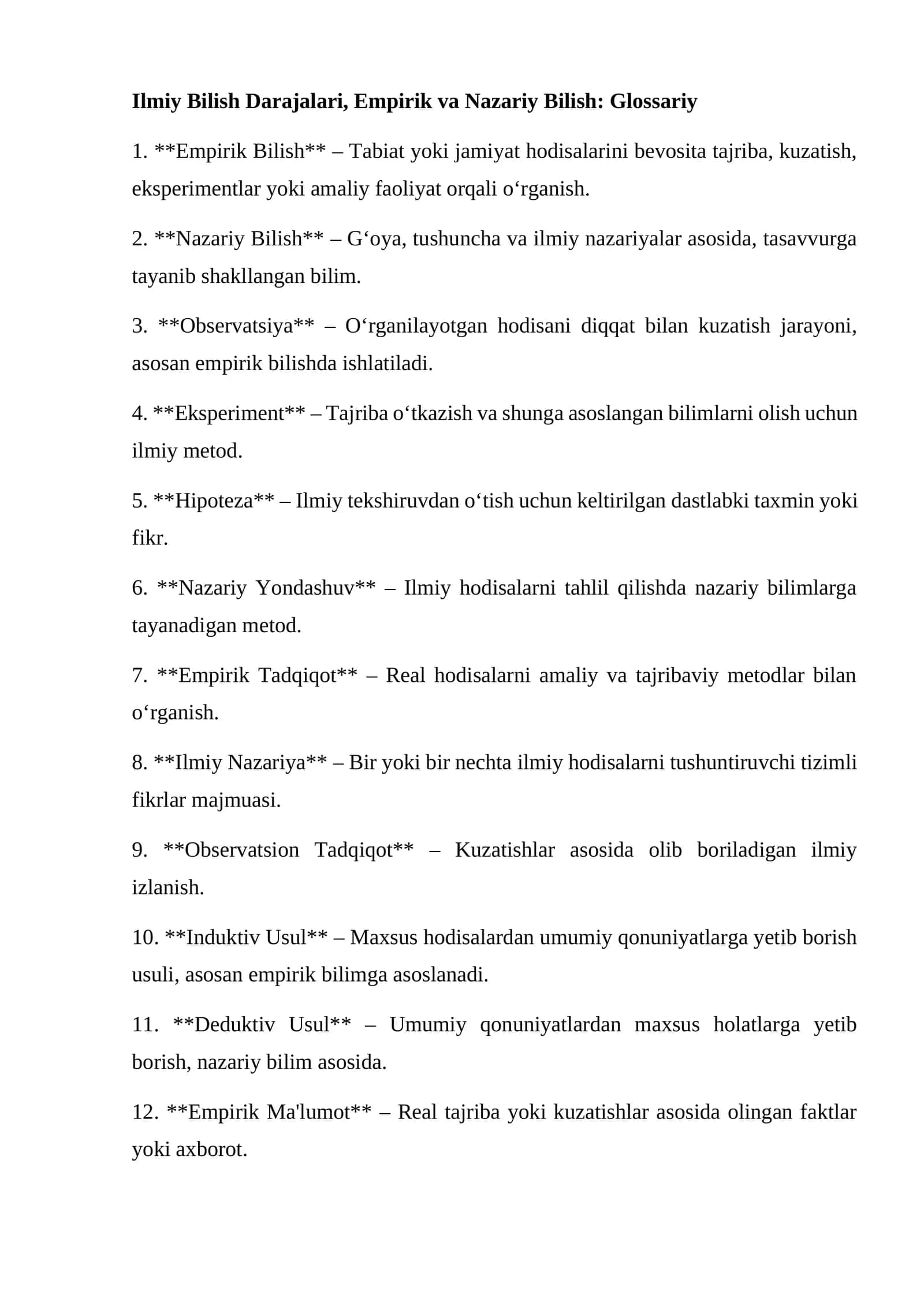 Ilmiy Bilish Darajalari, Empirik va Nazariy Bilish: Glossariy 1