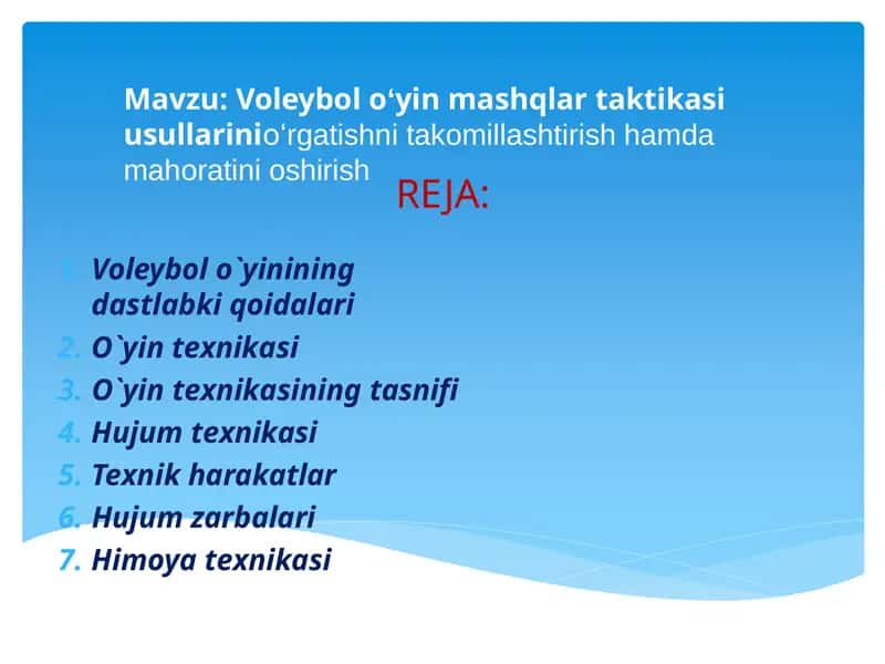 Voleybol oʻyin mashqlar taktikasi usullarinioʻrgatishni takomillashtirish hamda mahoratini oshirish 1
