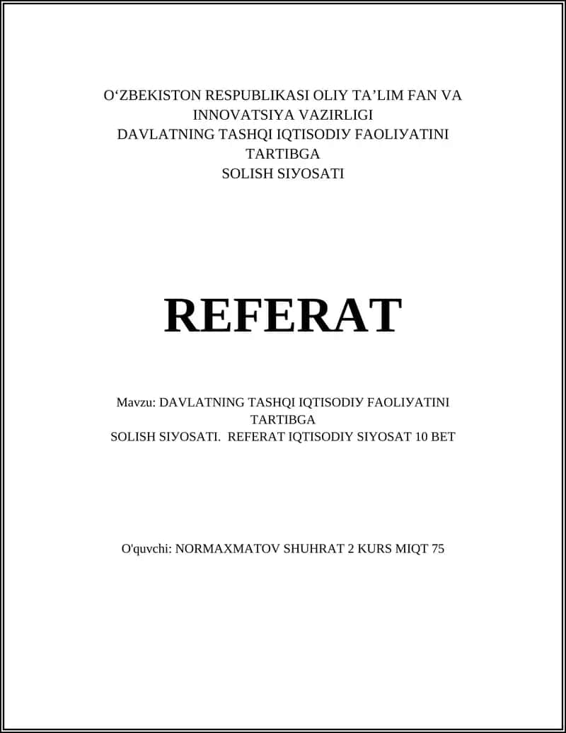 Davlatning Tashqi Iqtisodiy Faoliyatini Tartibga Solish Siyosati REFERAT 1