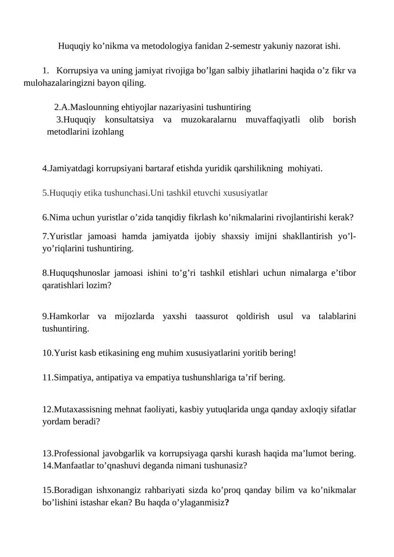 Huquqiy ko’nikma va metodologiya fanidan 2-semestr yakuniy nazorat ishi 1