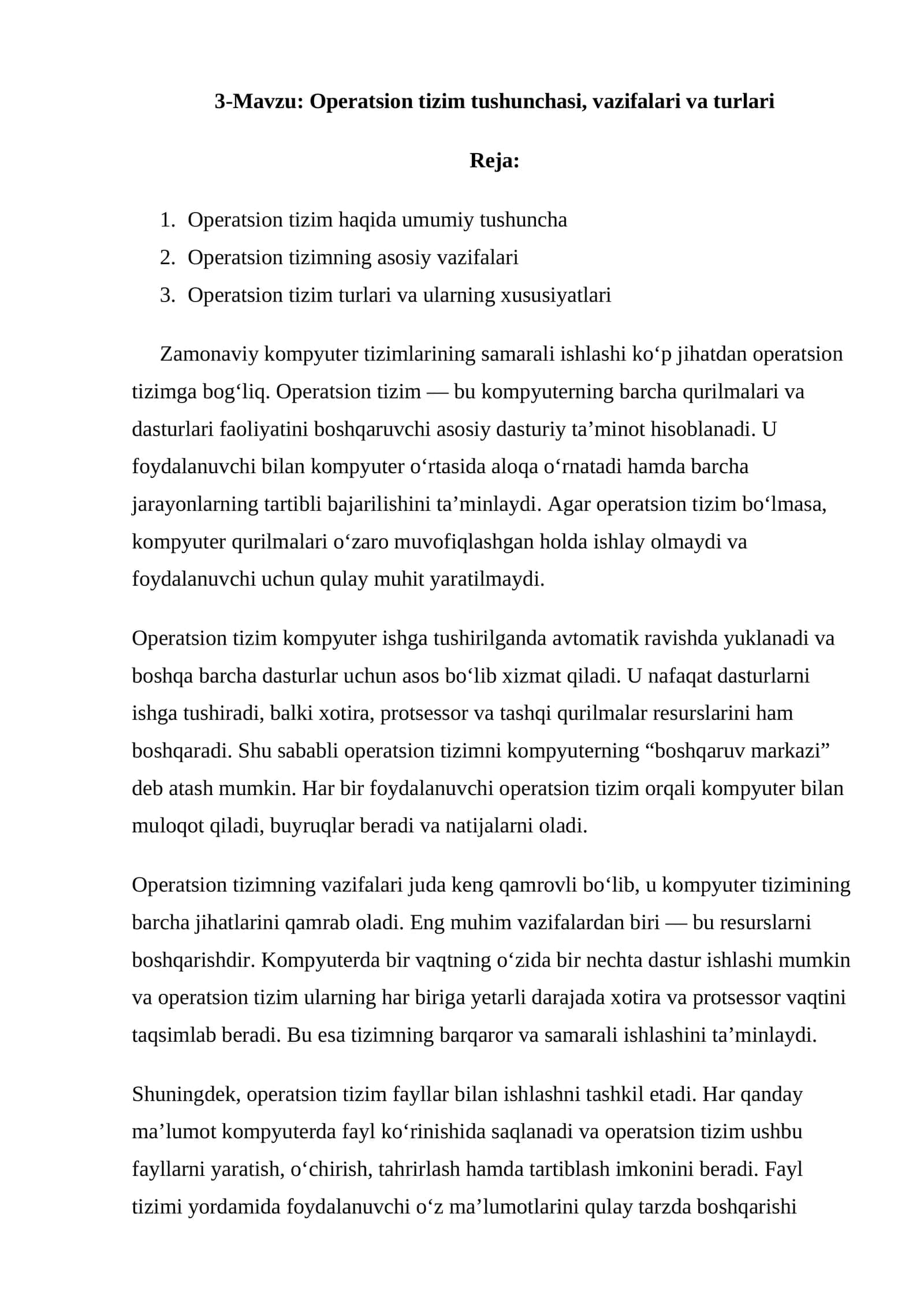 Operatsion tizim tushunchasi, vazifalari va turlari 1