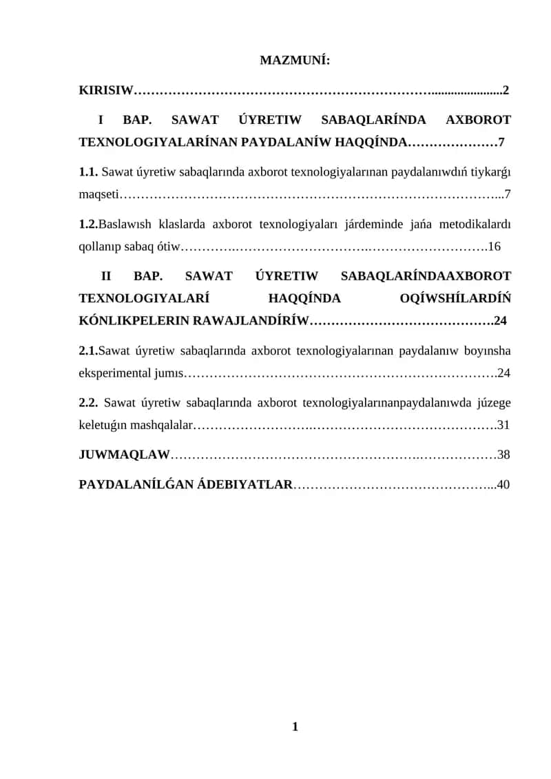 SAWAT ÚYRETIW SABAQLARINDA IKT DAN PAYDALANIW KURS JUMISI 1