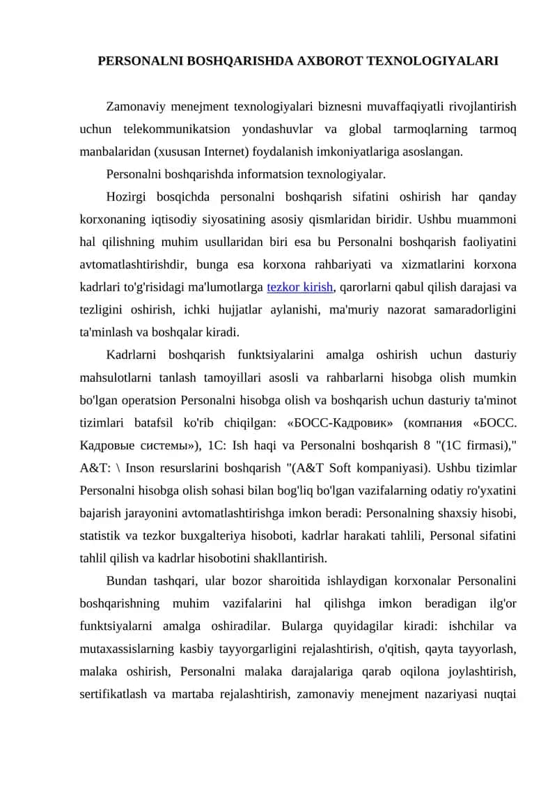 Personalni boshqarishda axborot texnologiyalari 1
