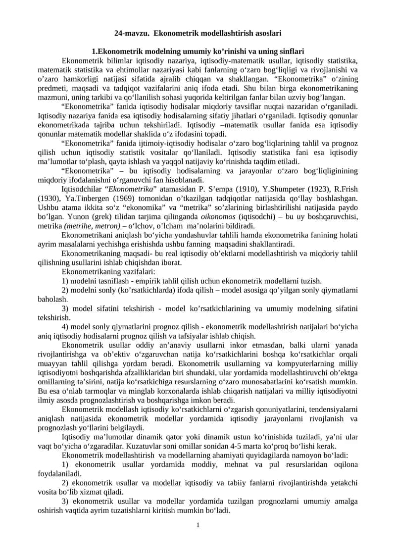 Ekonometrik modellashtirish asoslari 1