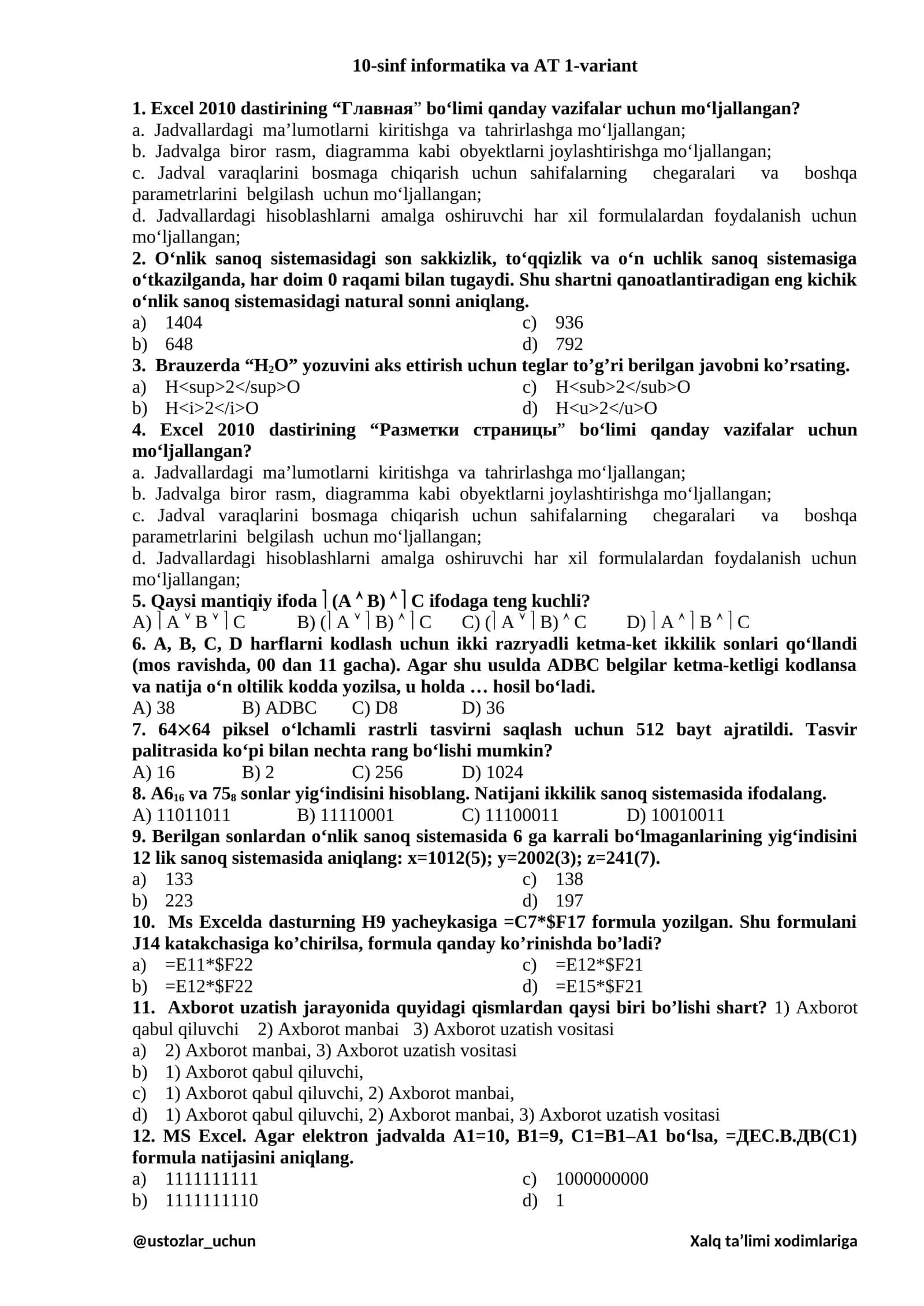 10-sinf informatika va AT 1-variant 1