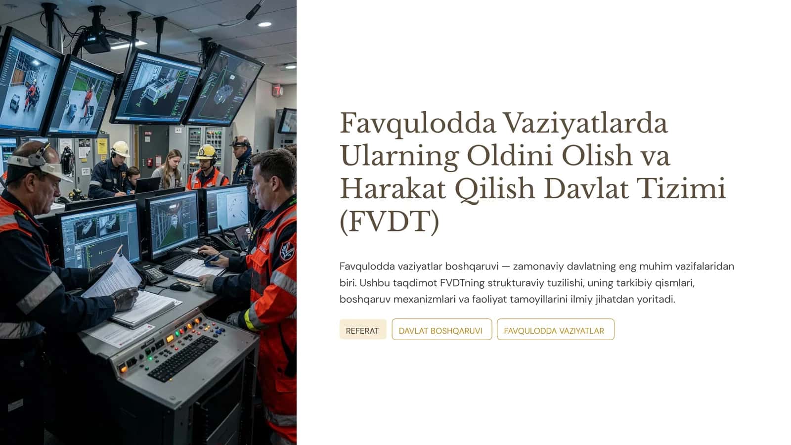 Favqulodda Vaziyatlarda Ularning Oldini Olish va Harakat Qilish Davlat Tizimi (FVDT) 1