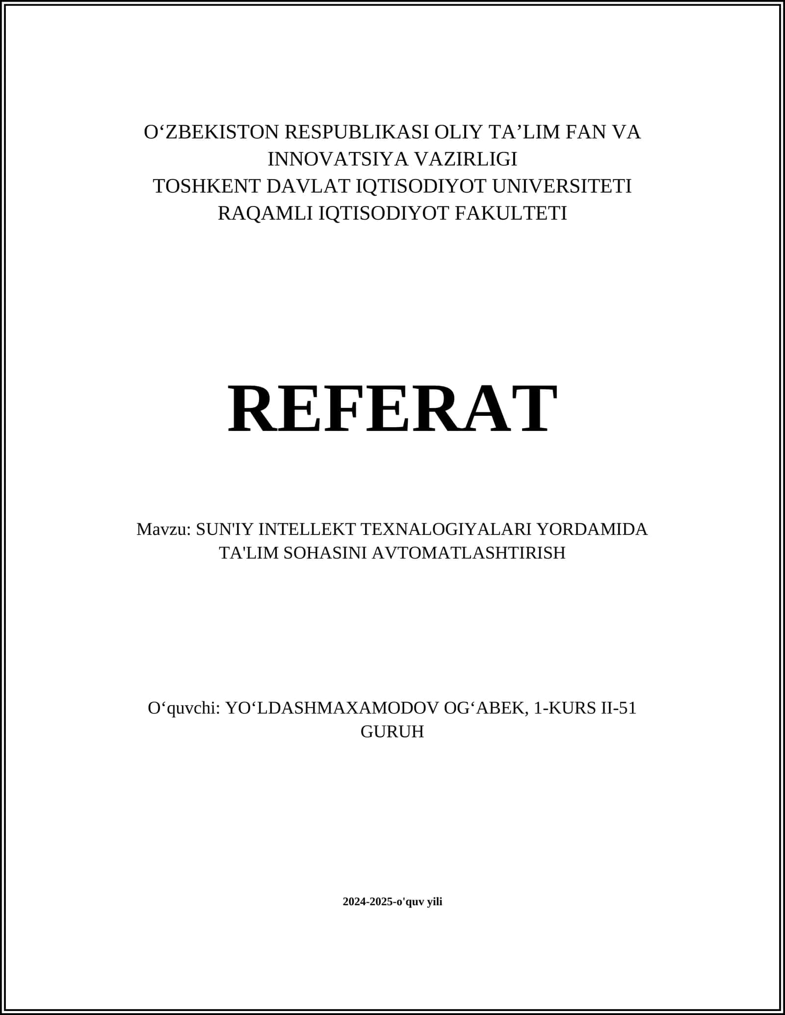 SUN'IY INTELLEKT TEXNALOGIYALARI YORDAMIDA TA'LIM SOHASINI AVTOMATLASHTIRISH 1