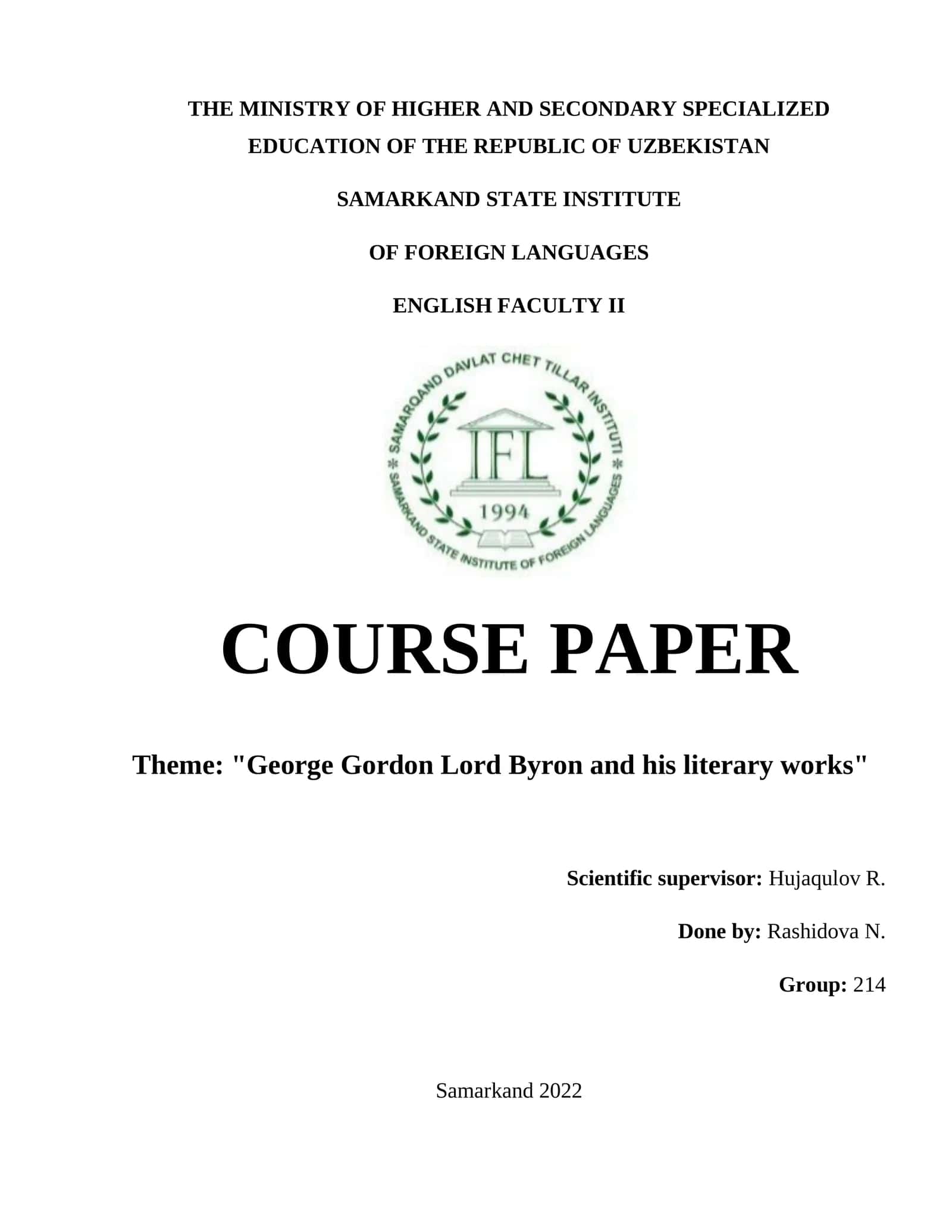Course Paper "George Gordon Lord Byron and his literary works" 1