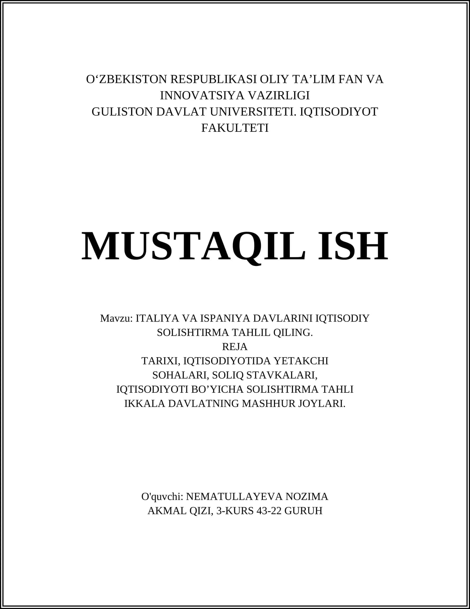 ITALIYA VA ISPANIYA DAVLARINI IQTISODIY SOLISHTIRMA TAHLIL QILING 1