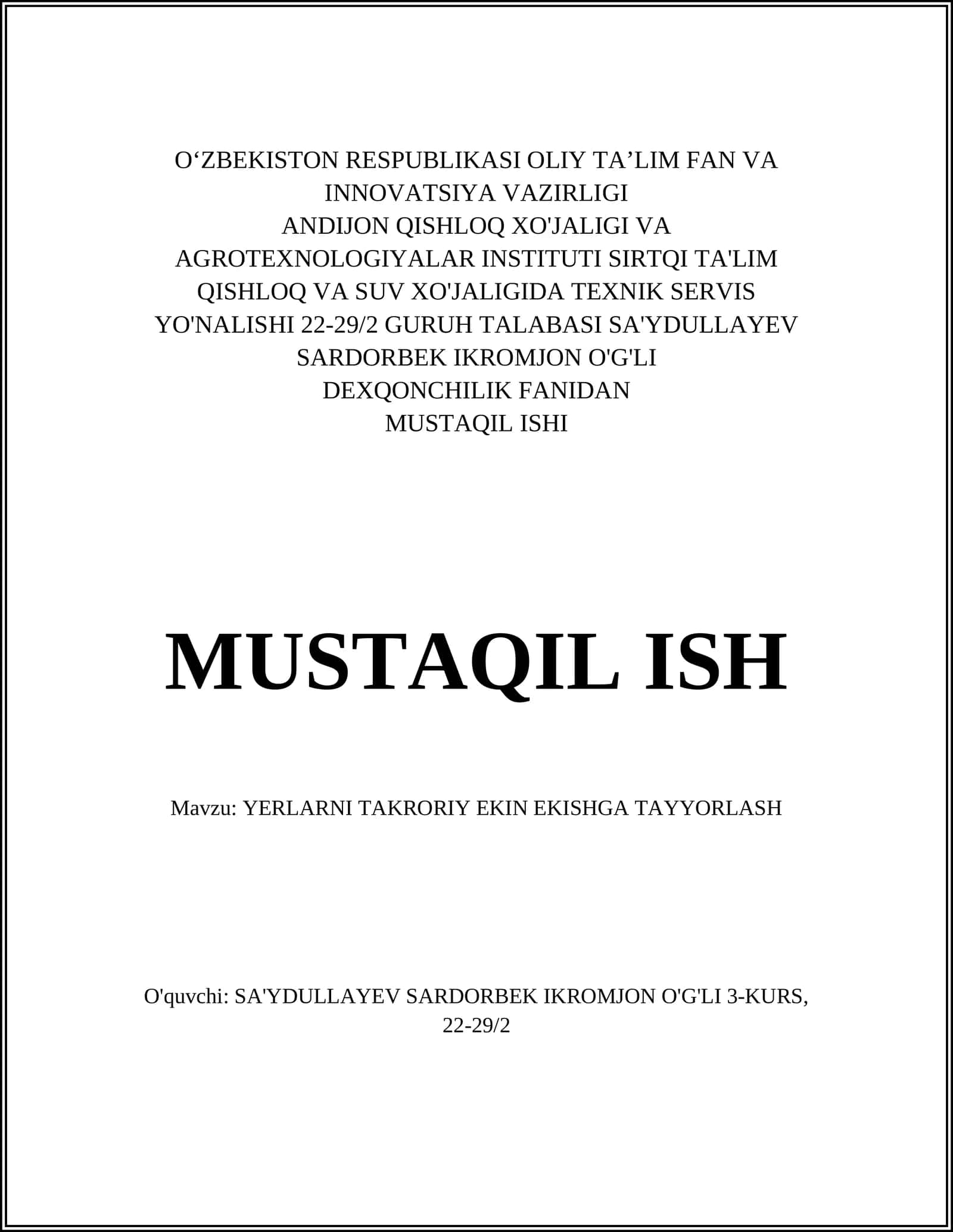 YERLARNI TAKRORIY EKIN EKISHGA TAYYORLASH 1