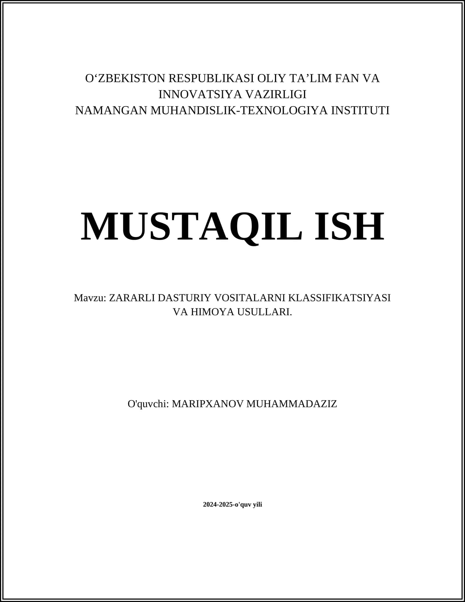 ZARARLI DASTURIY VOSITALARNI KLASSIFIKATSIYASI VA HIMOYA USULLARI 1
