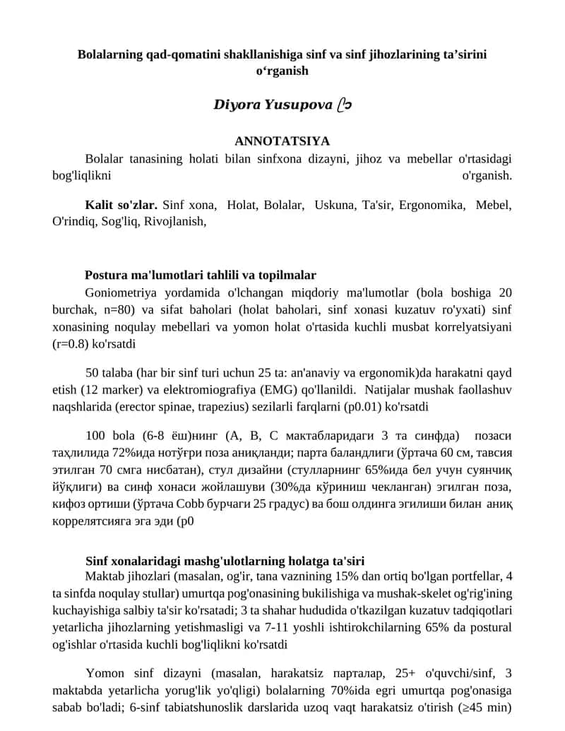 Bolalarning qad-qomatini shakllanishiga sinf va sinf jihozlarining taʼsirini oʻrganish 1
