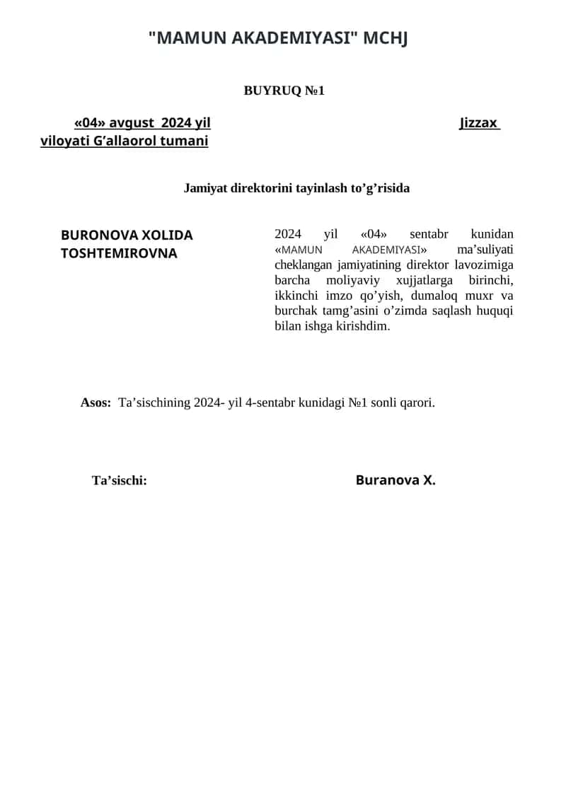 MAMUN AKADEMIYASI"MCHJ BUYRUQ №1 1