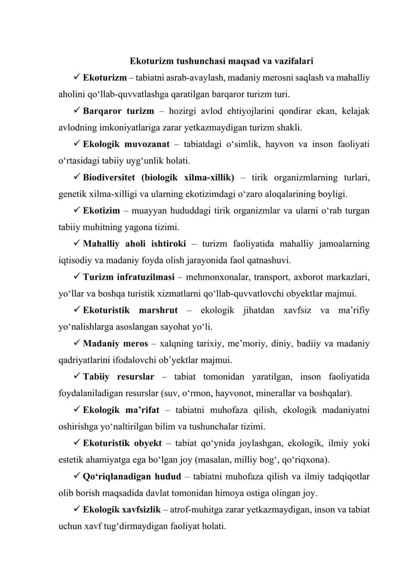 Ekoturizm tushunchasi maqsad va vazifalari 1