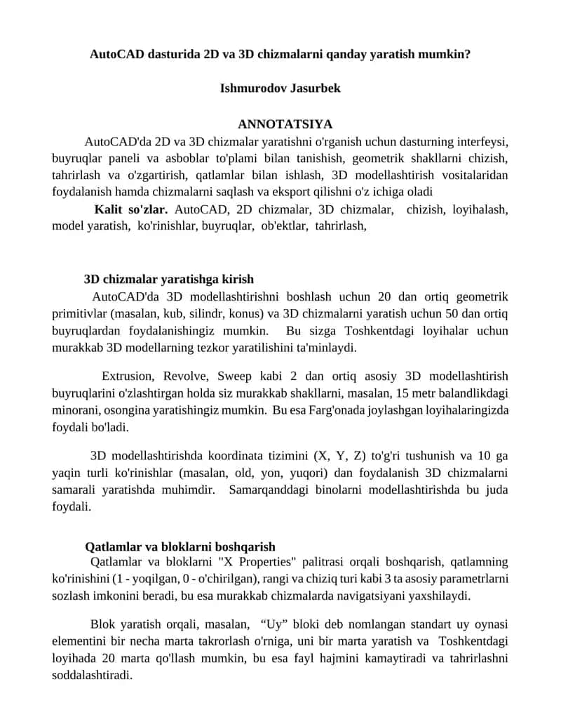 AutoCAD dasturida 2D va 3D chizmalarni yaratish 1