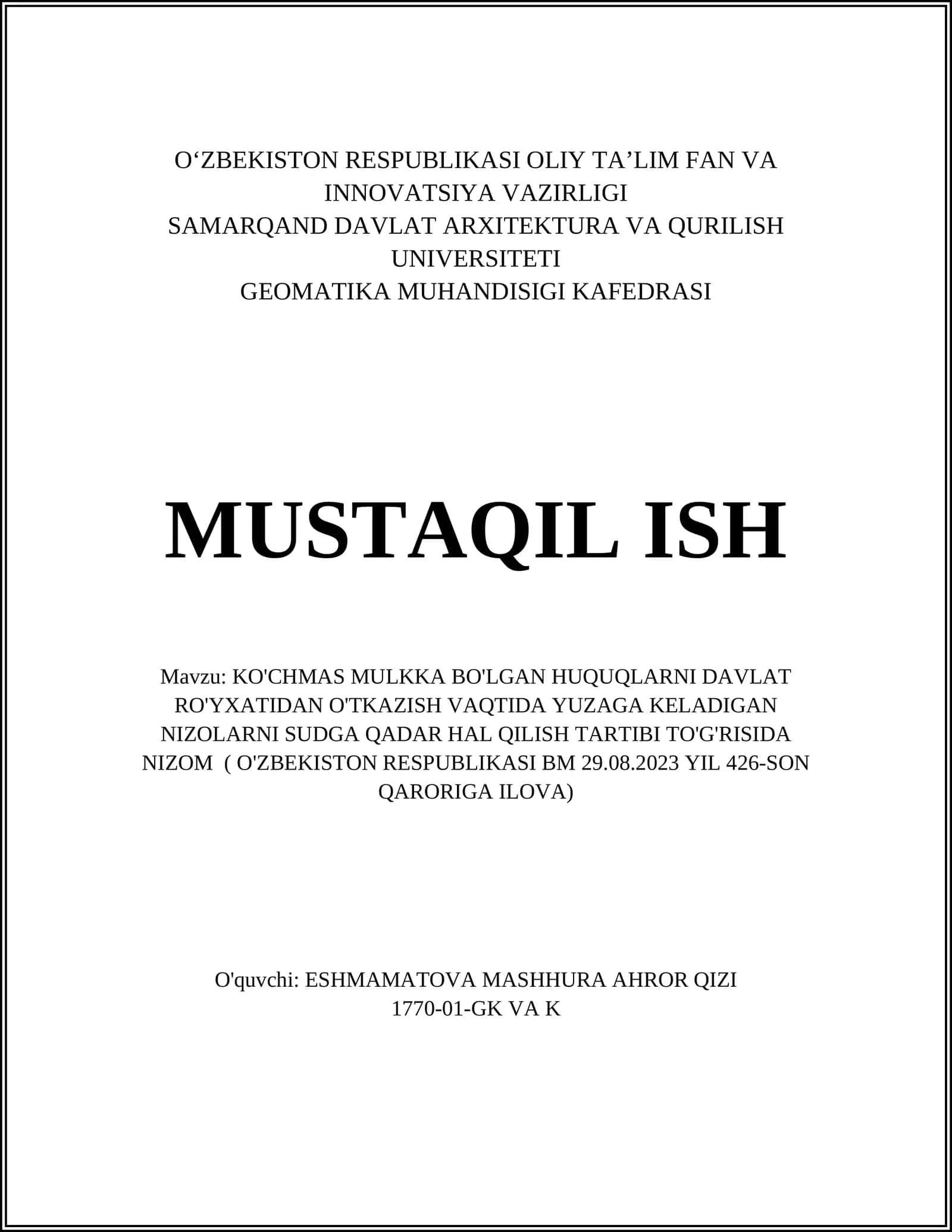 KO'CHMAS MULKKA BO'LGAN HUQUQLARNI DAVLAT RO'YXATIDAN O'TKAZISH VAQTIDA YUZAGA KELADIGAN NIZOLARNI SUDGA QADAR HAL QILISH TARTIBI TO'G'RISIDA NIZOM 1